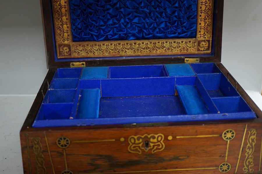 A Victorian brass inlaid rosewood workbox, together with two kukri knives, each 45cm in length